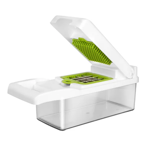 Vegetable chopper with container — open view