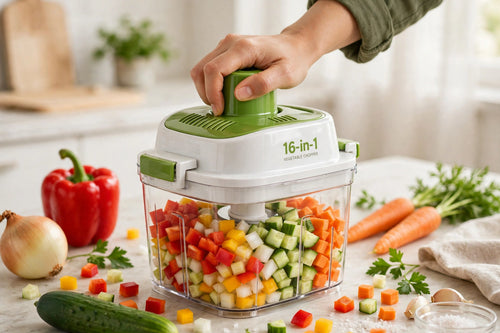 16-in-1 vegetable chopper in action with freshly diced vegetables