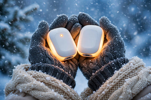 Rechargeable hand warmers glowing warm in gloved hands in the snow
