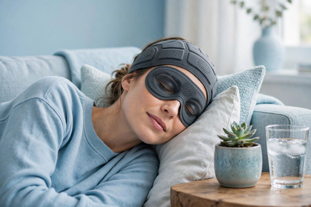 Woman resting peacefully wearing the gel migraine relief cap